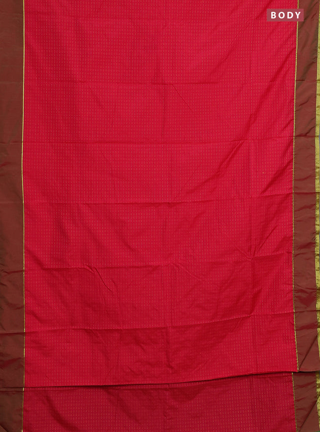 Arani semi silk saree reddish pink and dual shade of green with allover thread weaves and rettapet zari woven border`