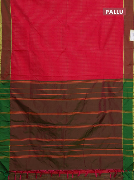 Arani semi silk saree reddish pink and dual shade of green with allover thread weaves and rettapet zari woven border`