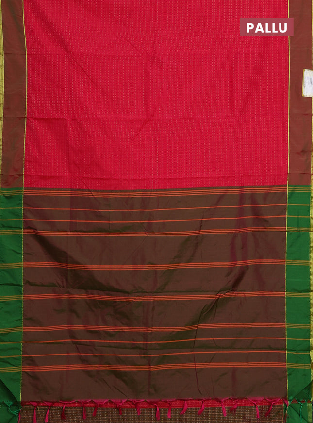 Arani semi silk saree reddish pink and dual shade of green with allover thread weaves and rettapet zari woven border`