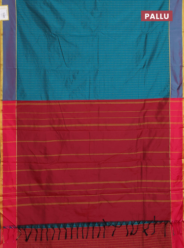 Arani semi silk saree peacock green and maroon with allover thread weaves and rettapet zari woven border`