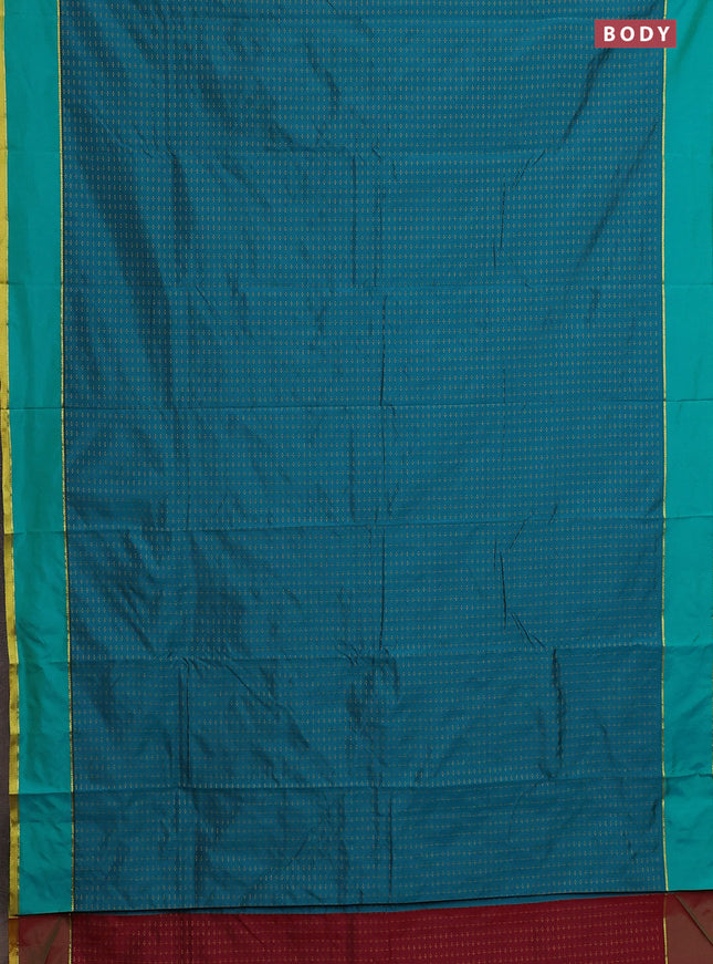 Arani semi silk saree teal green and dual shade of maroonish green with allover thread weaves and rettapet zari woven border`