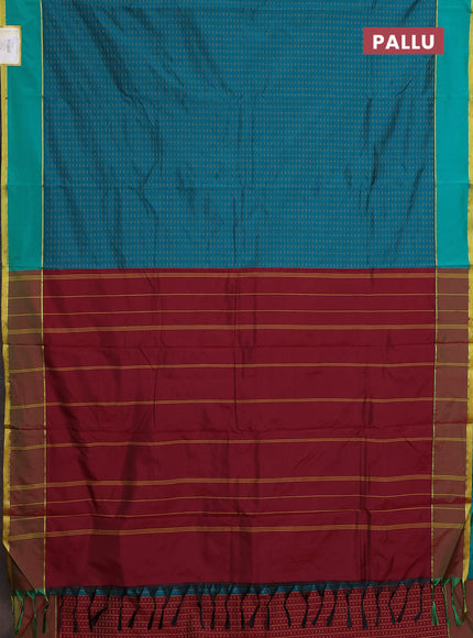 Arani semi silk saree teal green and dual shade of maroonish green with allover thread weaves and rettapet zari woven border`