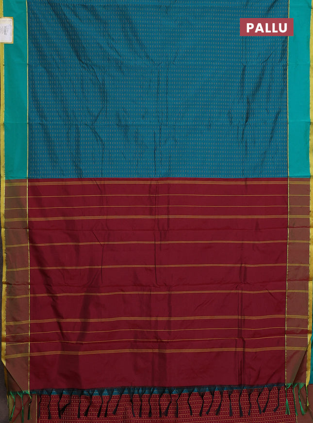 Arani semi silk saree teal green and dual shade of maroonish green with allover thread weaves and rettapet zari woven border`
