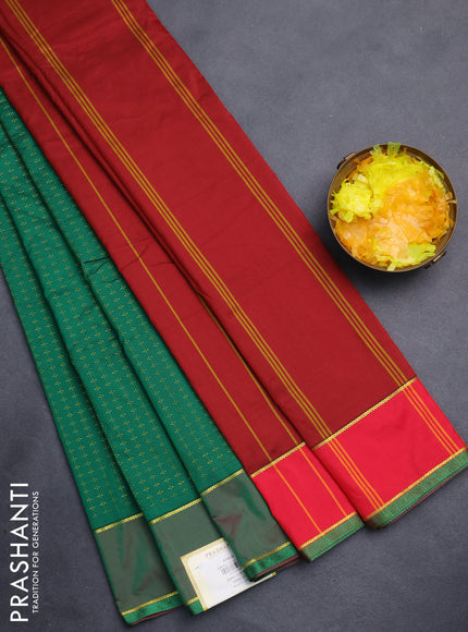 Arani semi silk saree green and maroon with allover thread weaves and rettapet zari woven border`