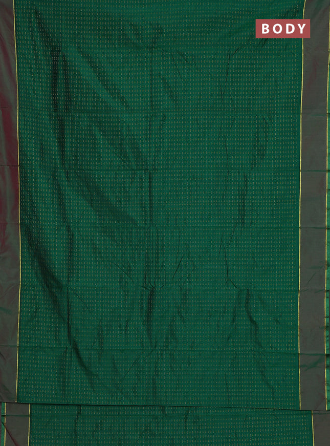 Arani semi silk saree green and maroon with allover thread weaves and rettapet zari woven border`