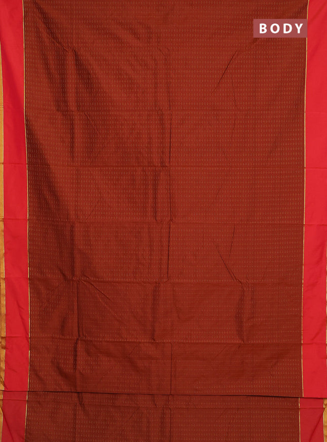 Arani semi silk saree rust shade and green with allover thread weaves and rettapet zari woven border`