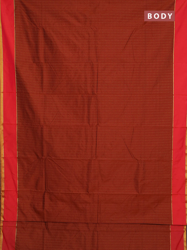 Arani semi silk saree rust shade and green with allover thread weaves and rettapet zari woven border`