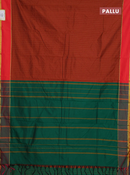 Arani semi silk saree rust shade and green with allover thread weaves and rettapet zari woven border`