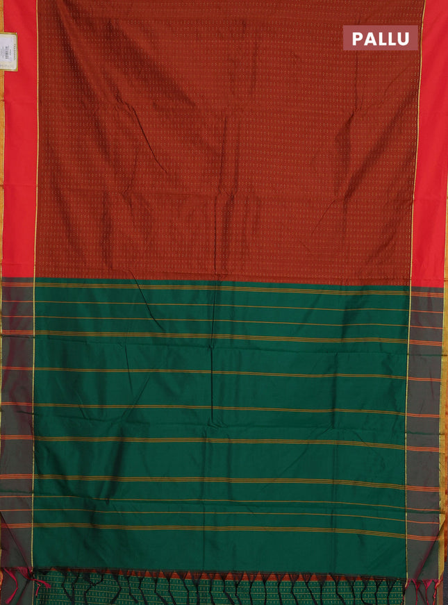 Arani semi silk saree rust shade and green with allover thread weaves and rettapet zari woven border`