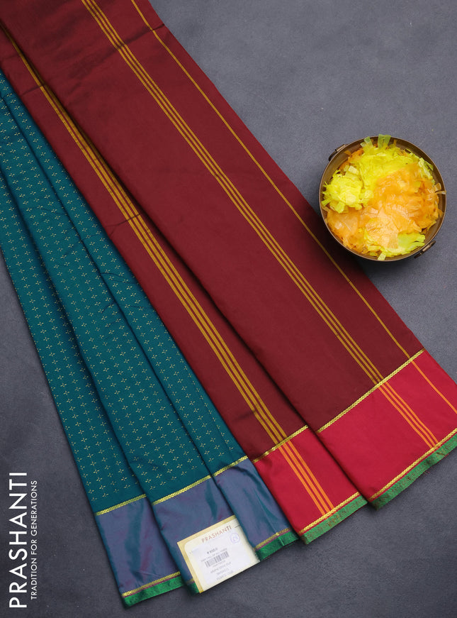 Arani semi silk saree peacock green and maroon with allover thread weaves and rettapet zari woven border`