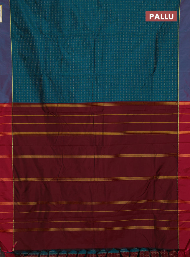 Arani semi silk saree peacock green and maroon with allover thread weaves and rettapet zari woven border`