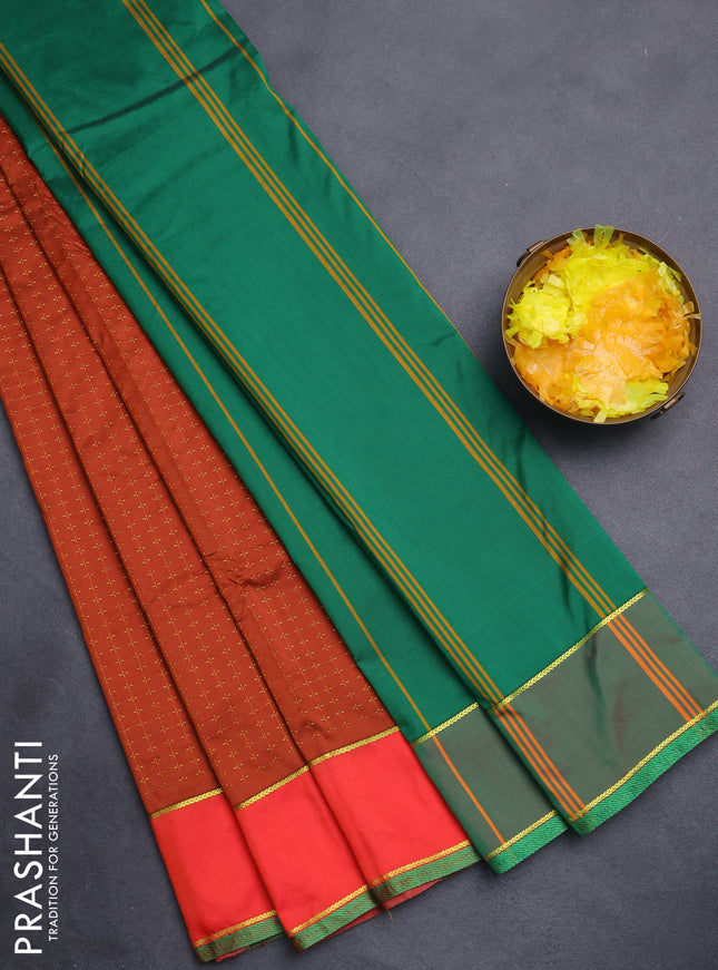 Arani semi silk saree brown shade and green with allover thread weaves and rettapet zari woven border`