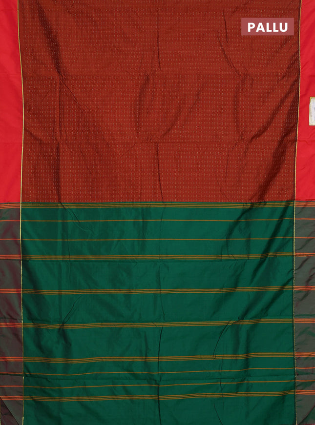 Arani semi silk saree brown shade and green with allover thread weaves and rettapet zari woven border`
