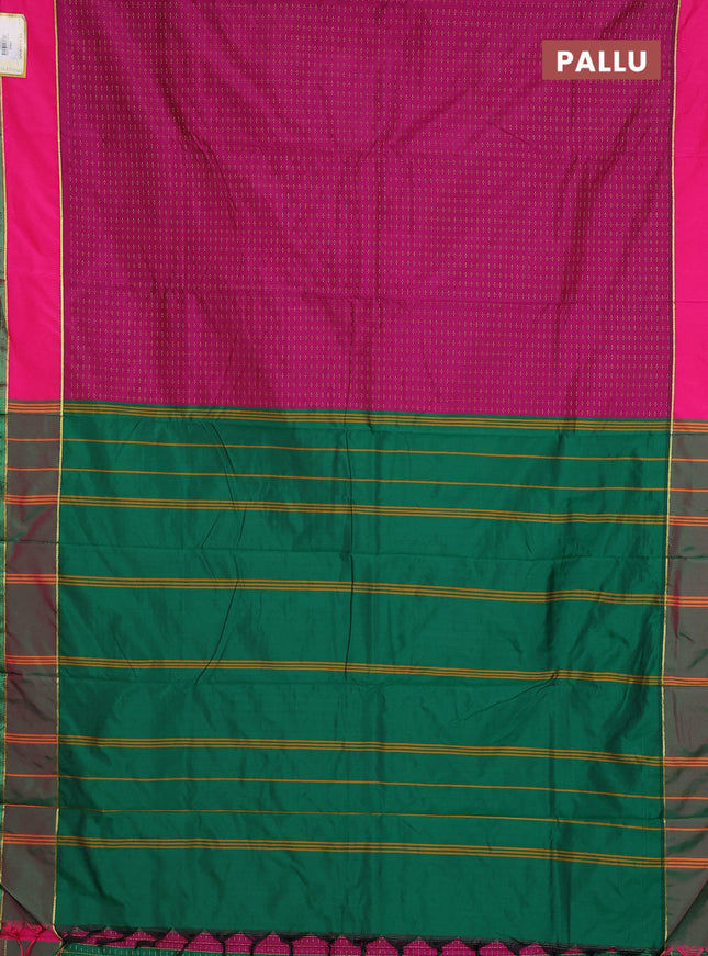 Arani semi silk saree magenta pink and dark green with allover thread weaves and rettapet zari woven border`