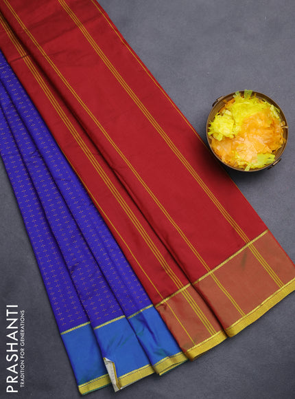 Arani semi silk saree blue and maroon with allover thread weaves and rettapet zari woven border`