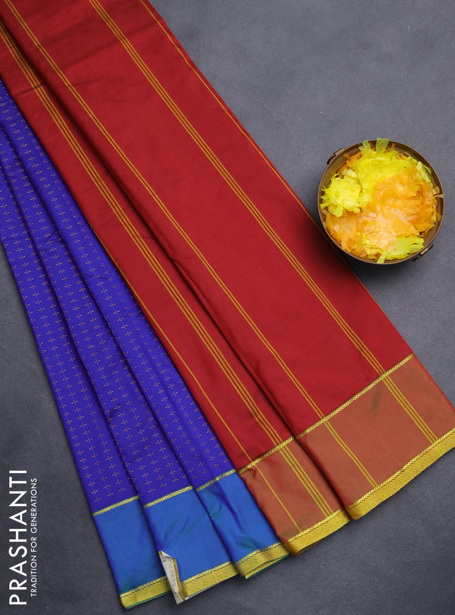 Arani semi silk saree blue and maroon with allover thread weaves and rettapet zari woven border`