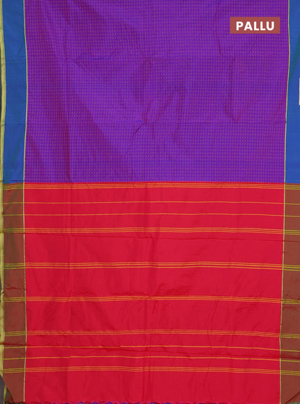 Arani semi silk saree dual shade of purple and red with allover thread weaves and rettapet zari woven border`
