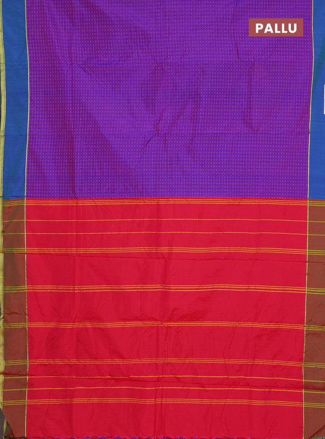 Arani semi silk saree dual shade of purple and red with allover thread weaves and rettapet zari woven border`