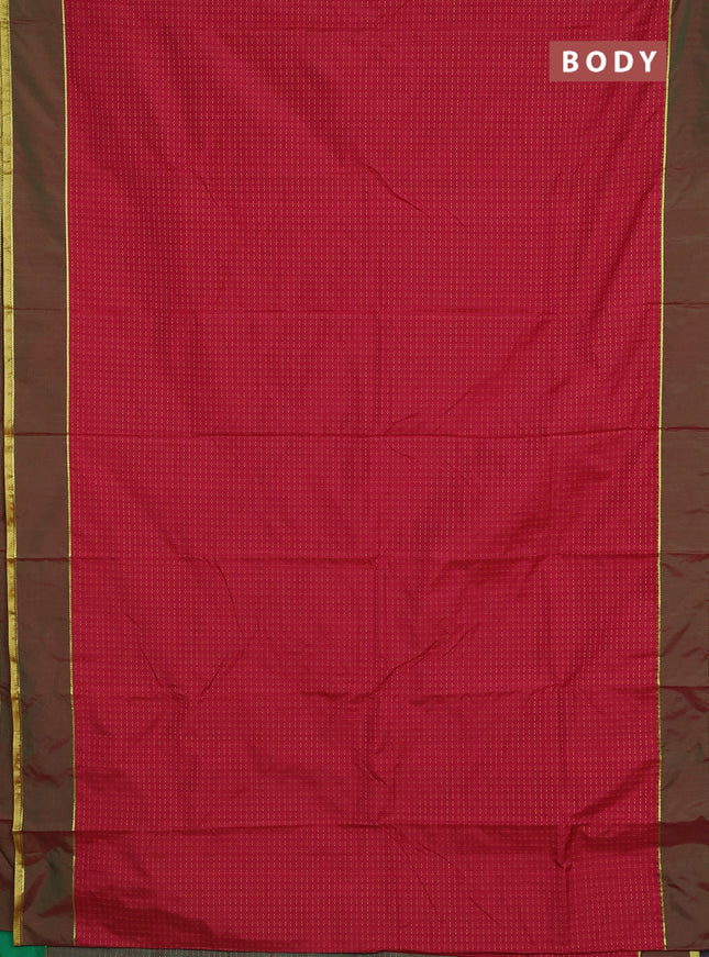 Arani semi silk saree maroon and dual shade of pinkish green with allover thread weaves and rettapet zari woven border`