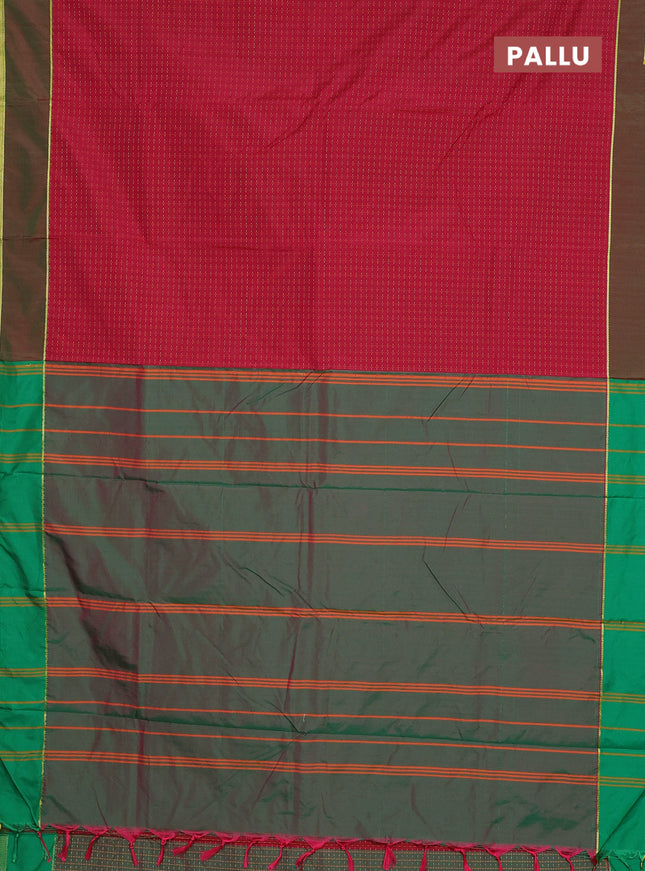 Arani semi silk saree maroon and dual shade of pinkish green with allover thread weaves and rettapet zari woven border`