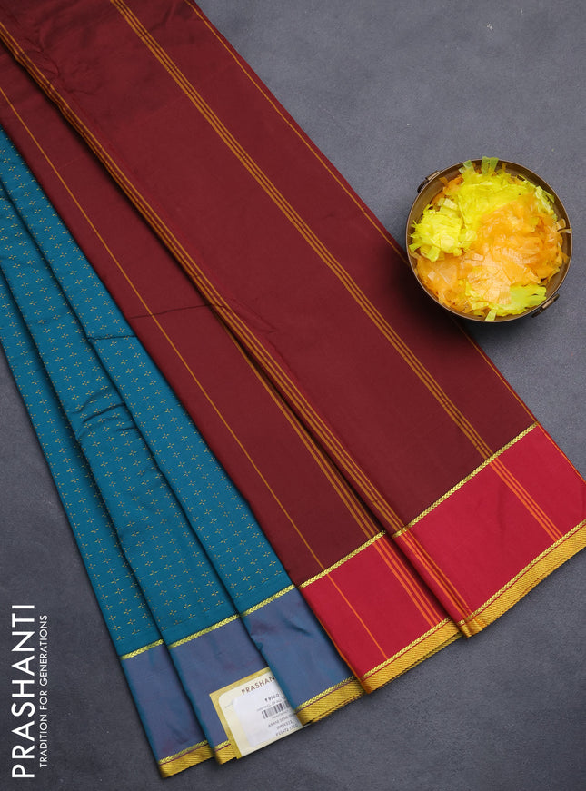 Arani semi silk saree peacock green and maroon with allover thread weaves and rettapet zari woven border`