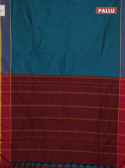 Arani semi silk saree peacock green and maroon with allover thread weaves and rettapet zari woven border`