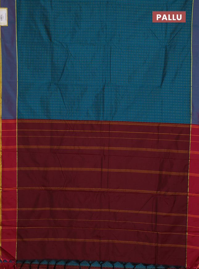 Arani semi silk saree peacock green and maroon with allover thread weaves and rettapet zari woven border`