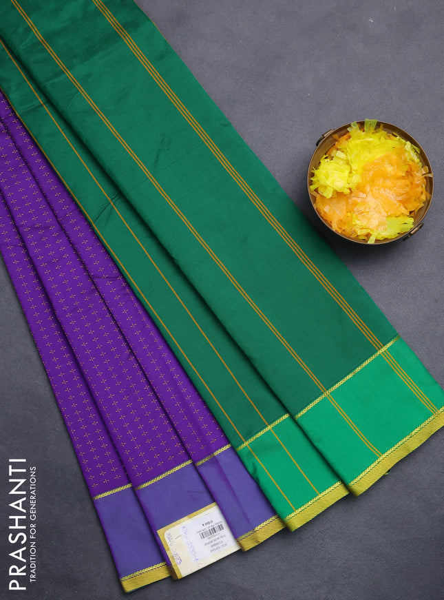 Arani semi silk saree violet and green with allover thread weaves and rettapet zari woven border`