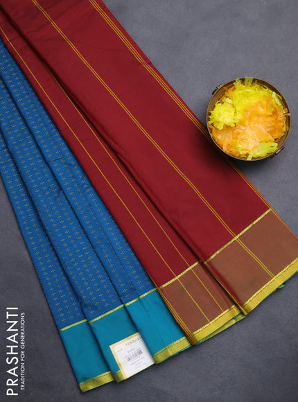 Arani semi silk saree peacock blue and maroon with allover thread weaves and rettapet zari woven border`