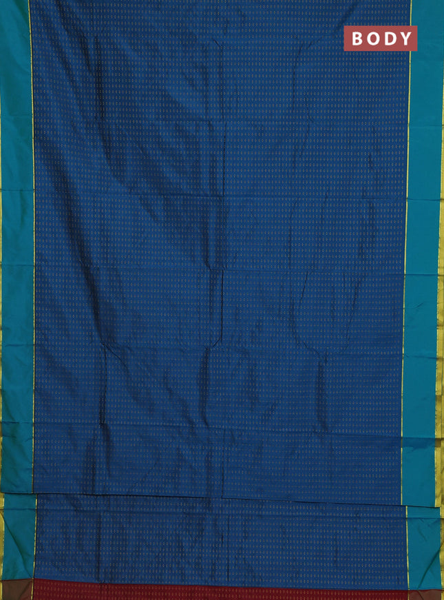 Arani semi silk saree peacock blue and maroon with allover thread weaves and rettapet zari woven border`