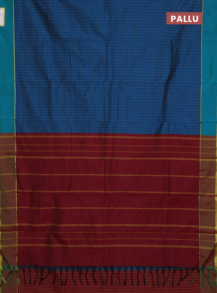 Arani semi silk saree peacock blue and maroon with allover thread weaves and rettapet zari woven border`