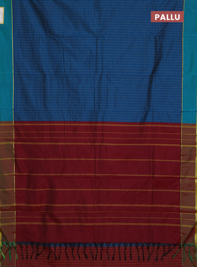 Arani semi silk saree peacock blue and maroon with allover thread weaves and rettapet zari woven border`