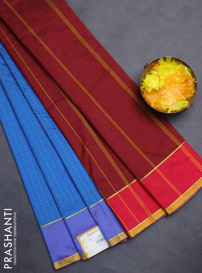 Arani semi silk saree cs blue and reddish pink with allover thread weaves and rettapet zari woven border`