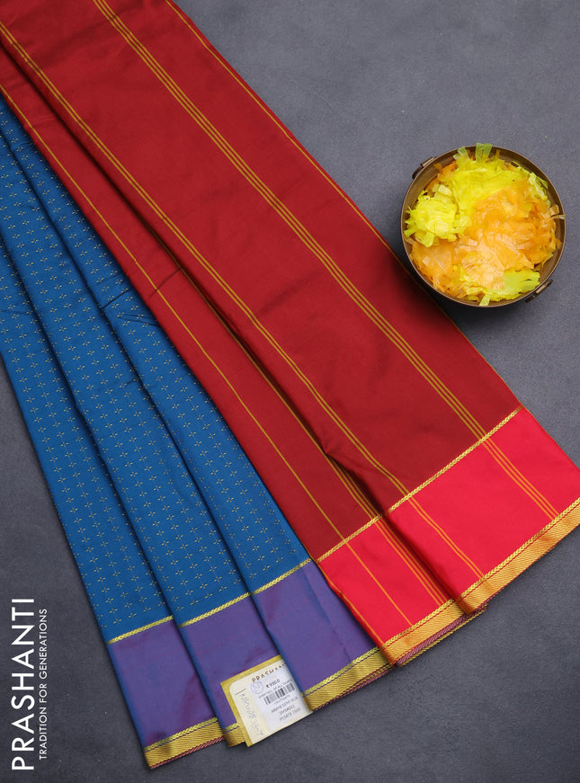 Arani semi silk saree cs blue and reddish pink with allover thread weaves and rettapet zari woven border`