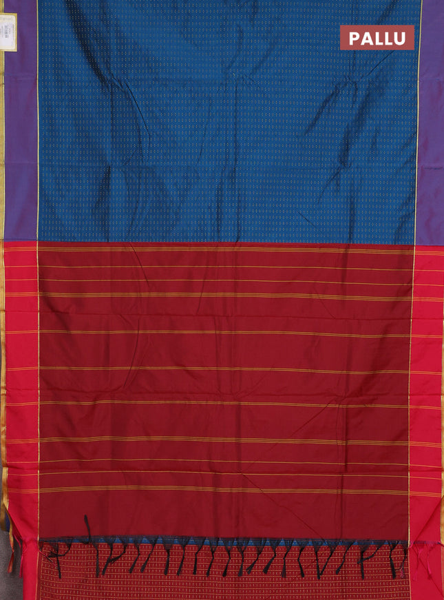 Arani semi silk saree cs blue and reddish pink with allover thread weaves and rettapet zari woven border`