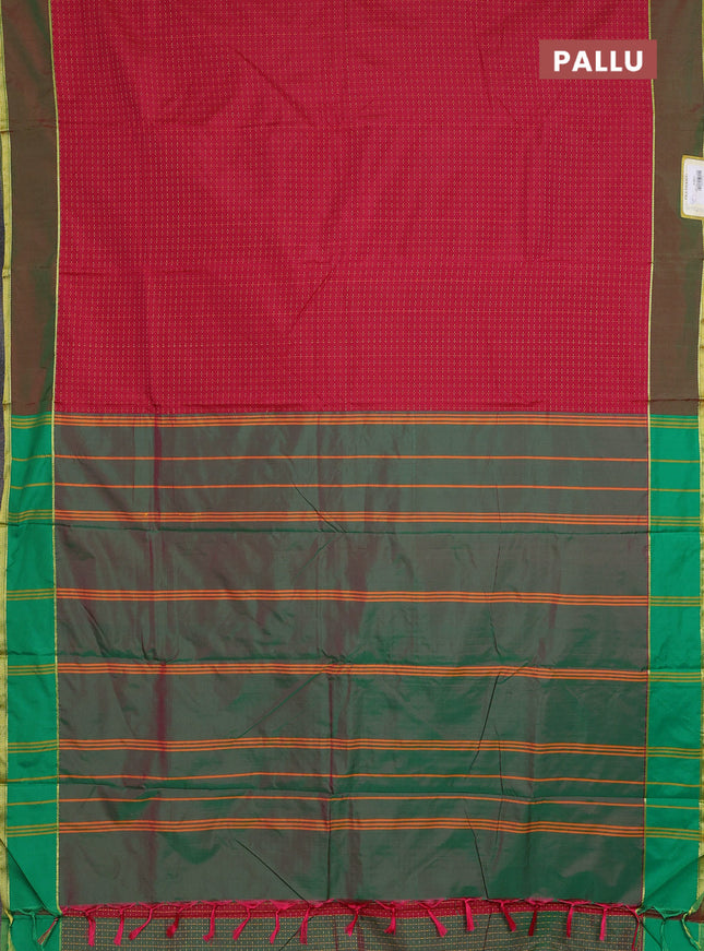 Arani semi silk saree maroon and dual shade of green with allover thread weaves and rettapet zari woven border`