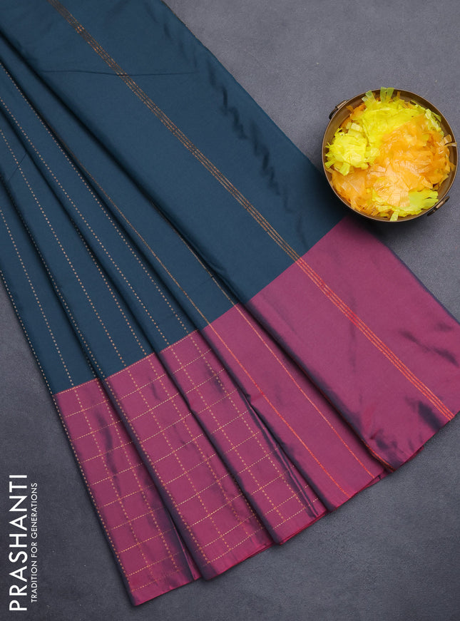 Arani semi silk saree peacock green and mauve pink with allover copper zari weaves and zari checked border