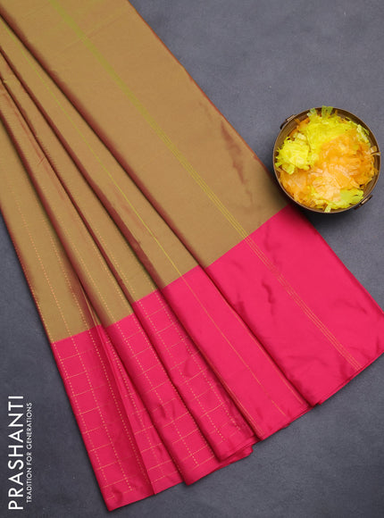 Arani semi silk saree dual shade of sap green and pink with allover copper zari weaves and zari checked border