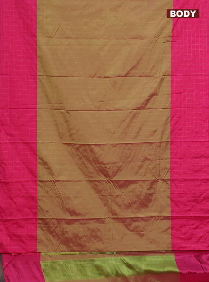 Arani semi silk saree dual shade of sap green and pink with allover copper zari weaves and zari checked border