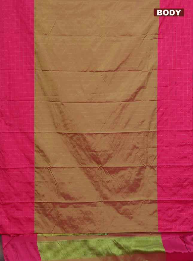 Arani semi silk saree dual shade of sap green and pink with allover copper zari weaves and zari checked border