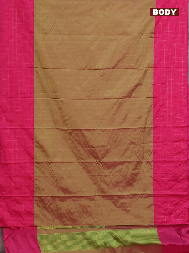 Arani semi silk saree dual shade of sap green and pink with allover copper zari weaves and zari checked border