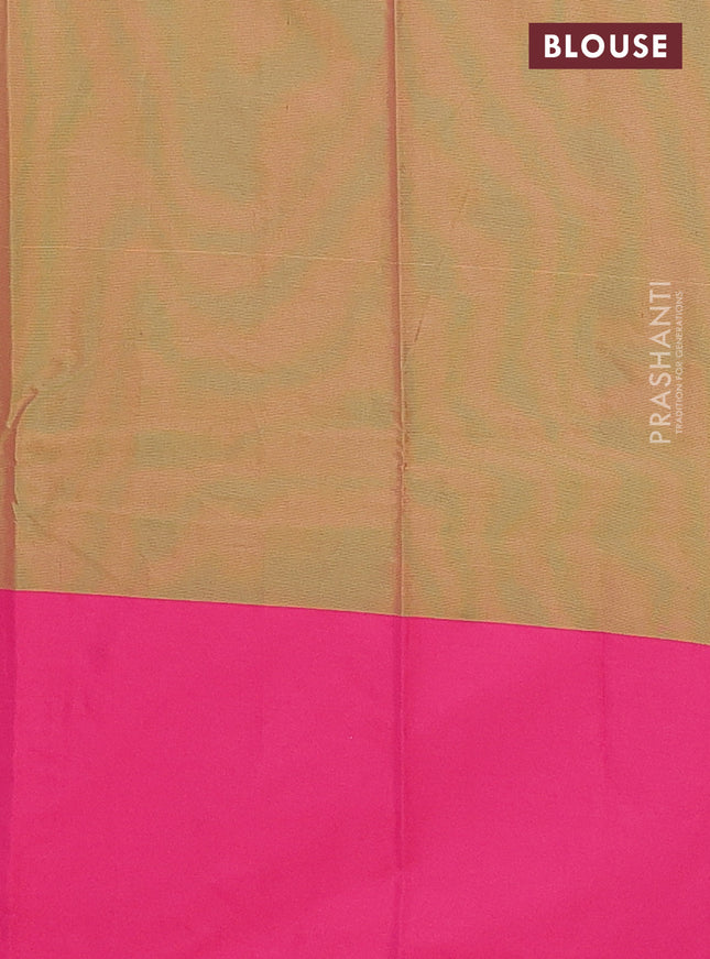 Arani semi silk saree dual shade of sap green and pink with allover copper zari weaves and zari checked border