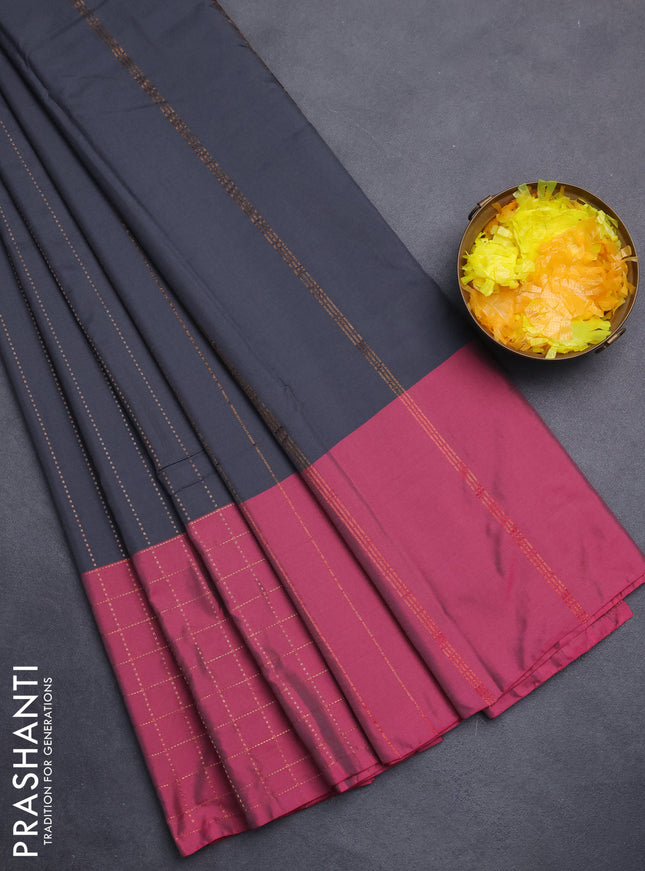 Arani semi silk saree dark grey and dark maagenta pink with allover copper zari weaves and zari checked border