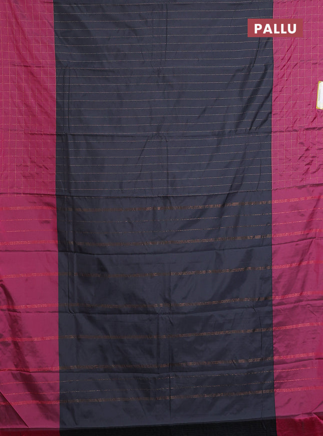 Arani semi silk saree dark grey and dark maagenta pink with allover copper zari weaves and zari checked border