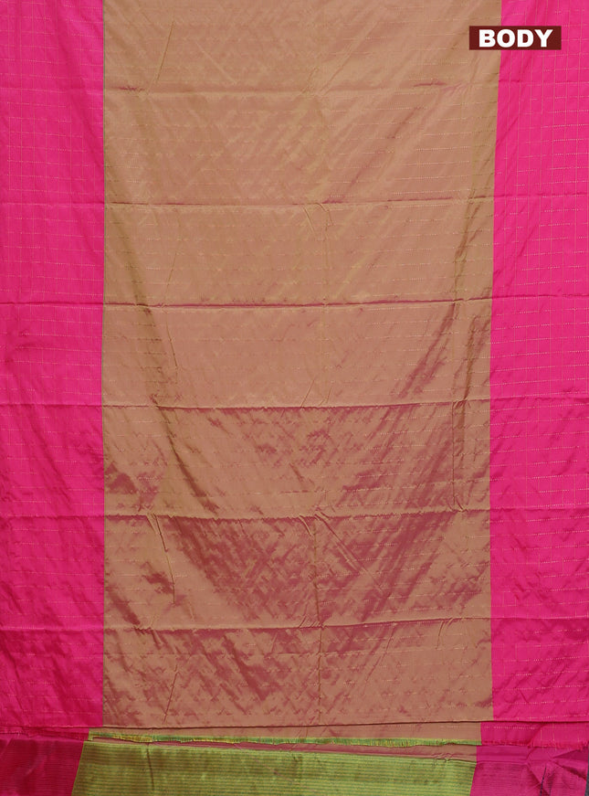 Arani semi silk saree dual shade of green and pink with allover copper zari weaves and zari checked border