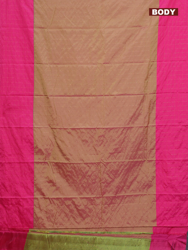 Arani semi silk saree dual shade of green and pink with allover copper zari weaves and zari checked border