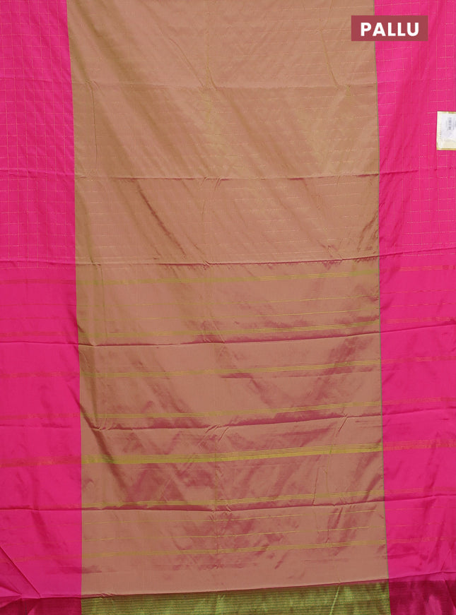 Arani semi silk saree dual shade of green and pink with allover copper zari weaves and zari checked border
