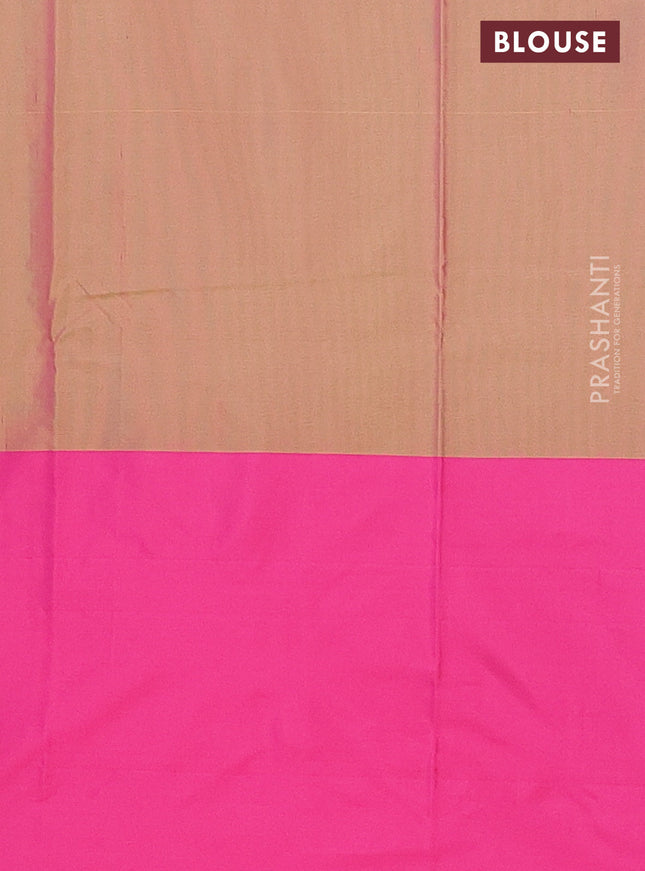 Arani semi silk saree dual shade of green and pink with allover copper zari weaves and zari checked border