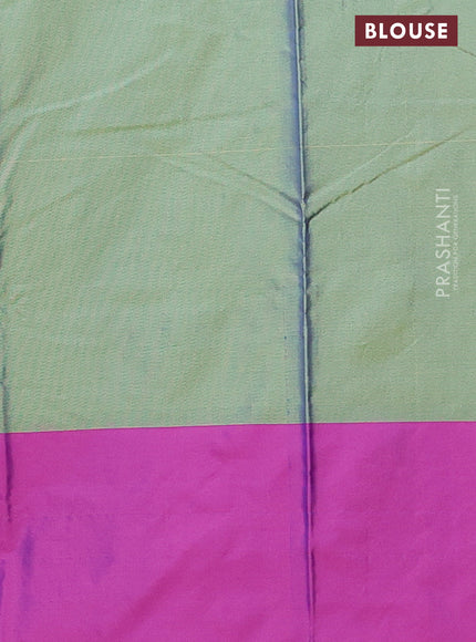 Arani semi silk saree dual shade of green and purple with allover copper zari weaves and zari checked border