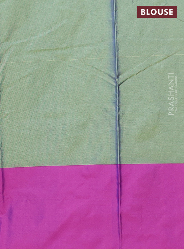 Arani semi silk saree dual shade of green and purple with allover copper zari weaves and zari checked border